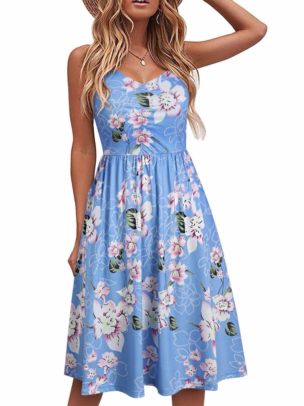 🎉SALE!!! Sky Blue Floral Spaghetti-Strap Midi Dress